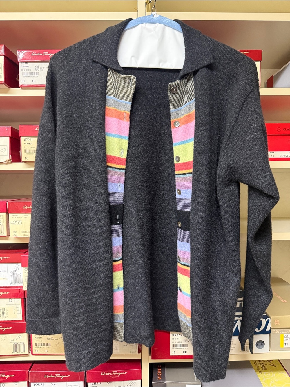 Neiman Marcus Dark Gray Cashmere Jacket with Colorful Stripe Trim